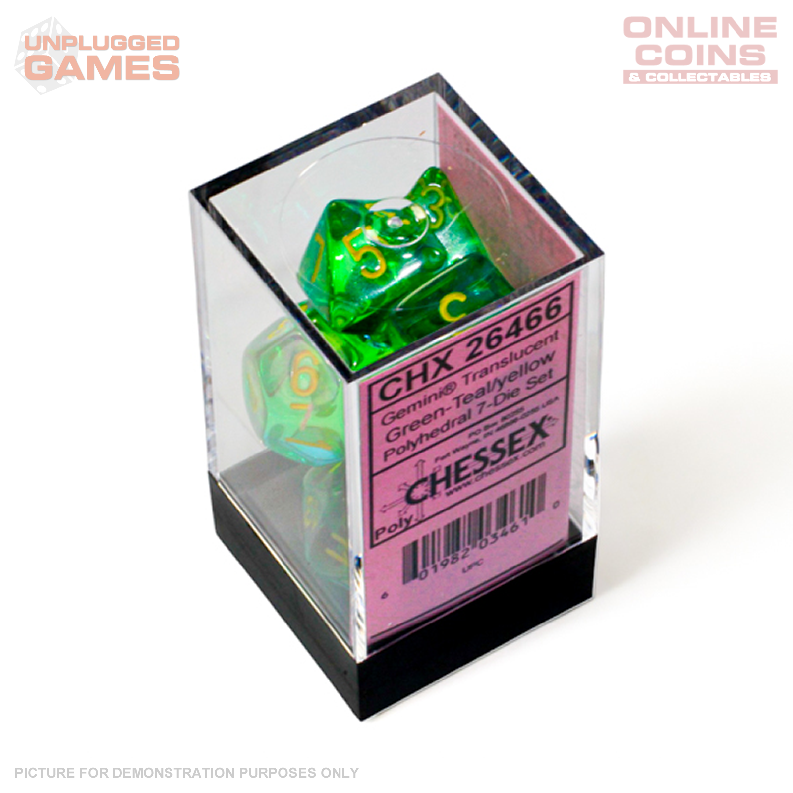 Chessex Gemini Translucent Green-Teal / Yellow Luminary 7-Die Set